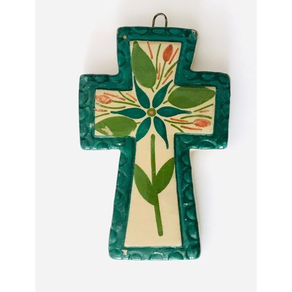 Hecho En Mexico Ceramic Cross Handmade Green 3" Small Wall Decor Mexican - Picture 1 of 6